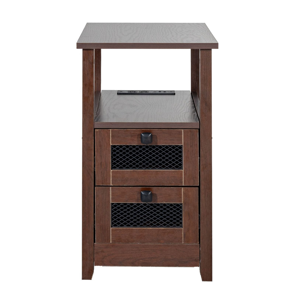 Farmhouse End Table, Nightstand with Charging Station, 4 Tiers End Table with Storage Cabinet and 2 Drawers, Side Table with USB Ports and Outlets, Ideal for Living Room, Bedroom, Brown