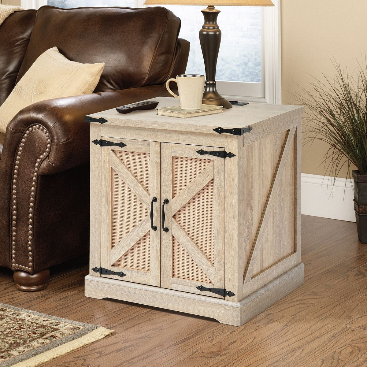 Farmhouse End Table, Rectangle PE Rattan Woven Wood Coffee Table, 24-Inch Modern Boho Style Storage Coffee Table with Retro Metal Hinges, for Living Room, Bedroom & Small Spaces