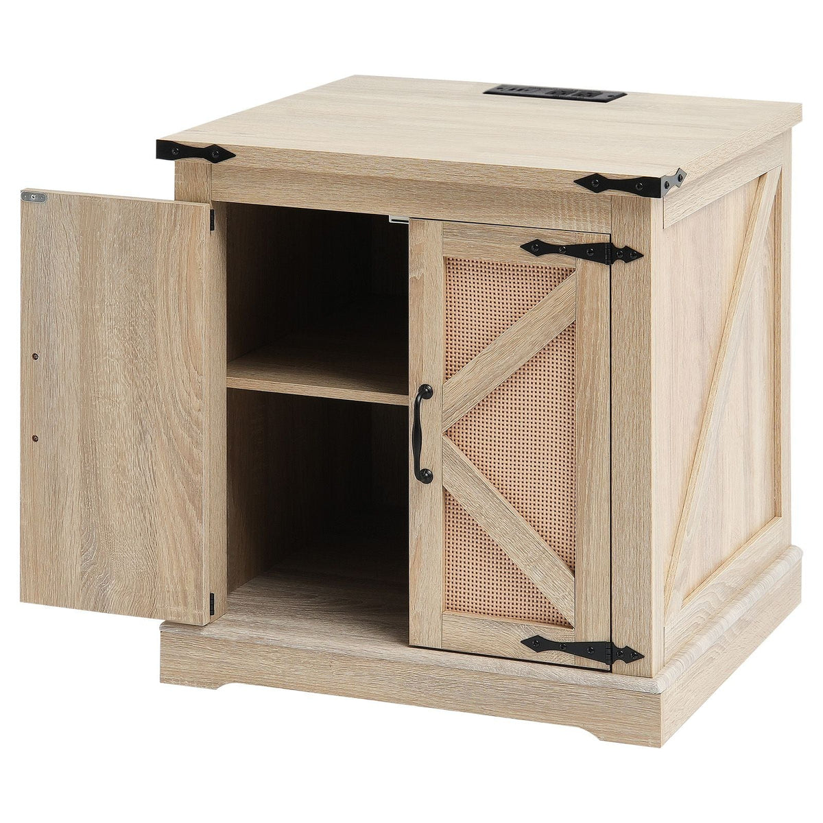 Farmhouse End Table, Rectangle PE Rattan Woven Wood Coffee Table, 24-Inch Modern Boho Style Storage Coffee Table with Retro Metal Hinges, for Living Room, Bedroom & Small Spaces