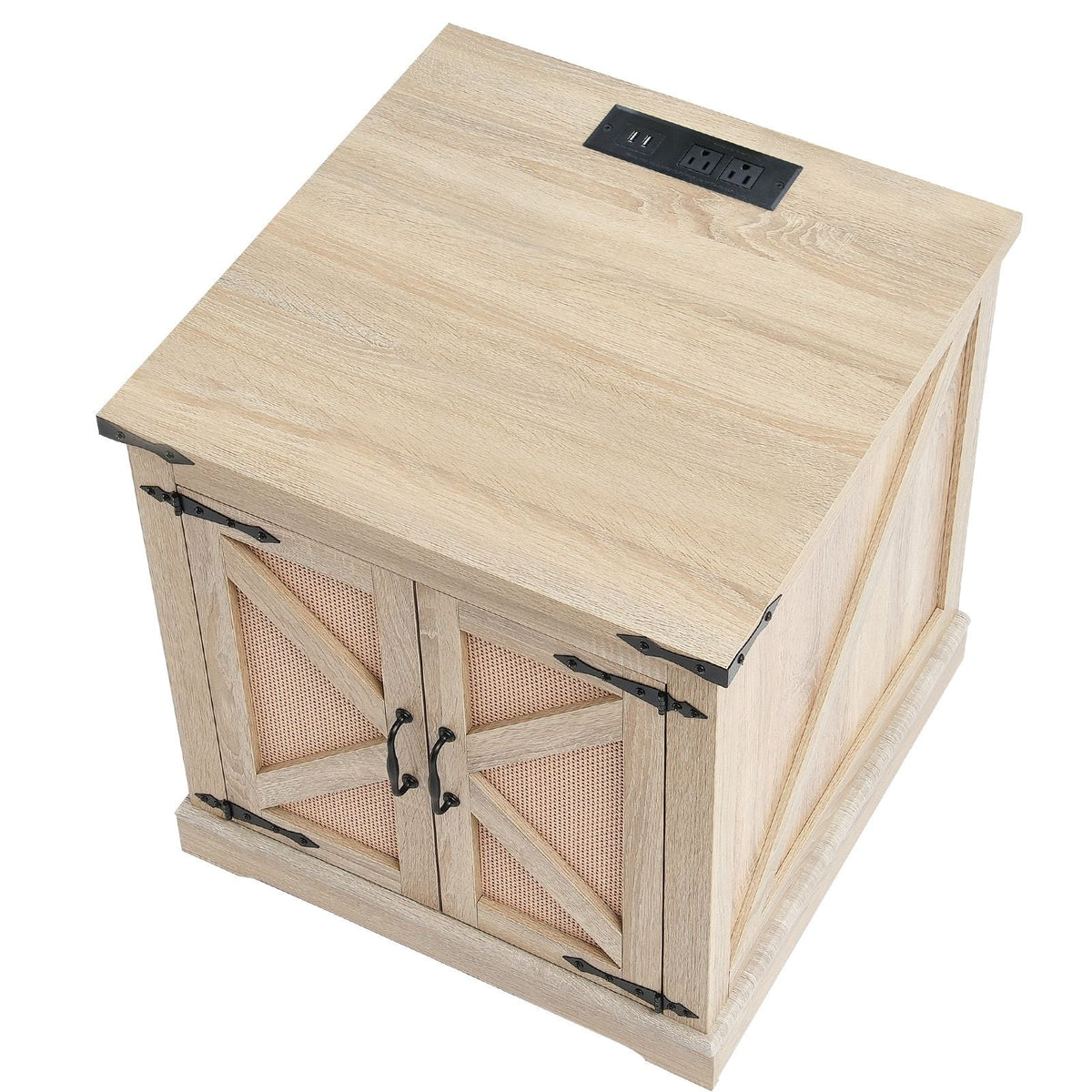 Farmhouse End Table, Rectangle PE Rattan Woven Wood Coffee Table, 24-Inch Modern Boho Style Storage Coffee Table with Retro Metal Hinges, for Living Room, Bedroom & Small Spaces