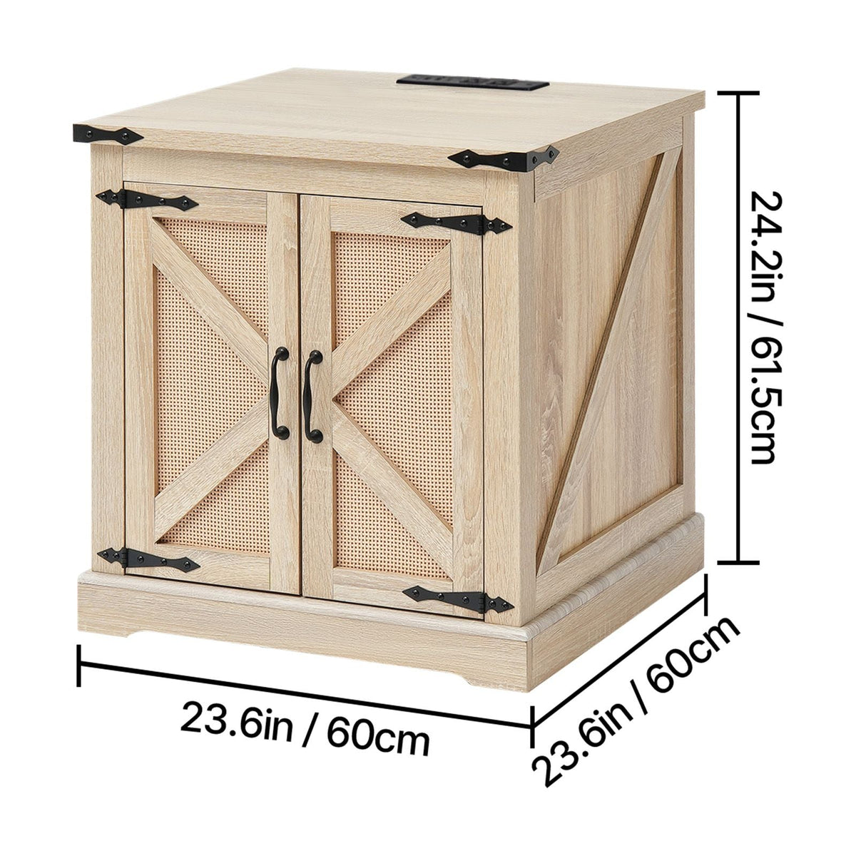 Farmhouse End Table, Rectangle PE Rattan Woven Wood Coffee Table, 24-Inch Modern Boho Style Storage Coffee Table with Retro Metal Hinges, for Living Room, Bedroom & Small Spaces