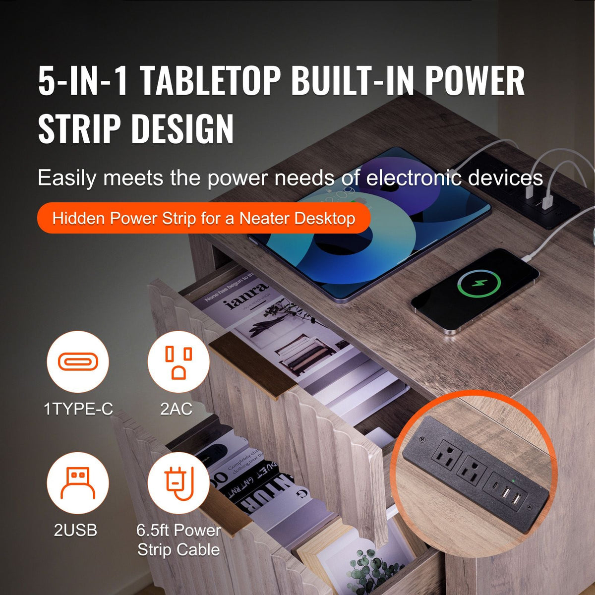 Farmhouse End Table Set of 2, Nightstand with Charging Station, 3 Tiers Side Table with Storage Cabinet and 2 Drawers, Side Table with USB Ports and Outlets, Ideal for Living Room, Bedroom, Gray