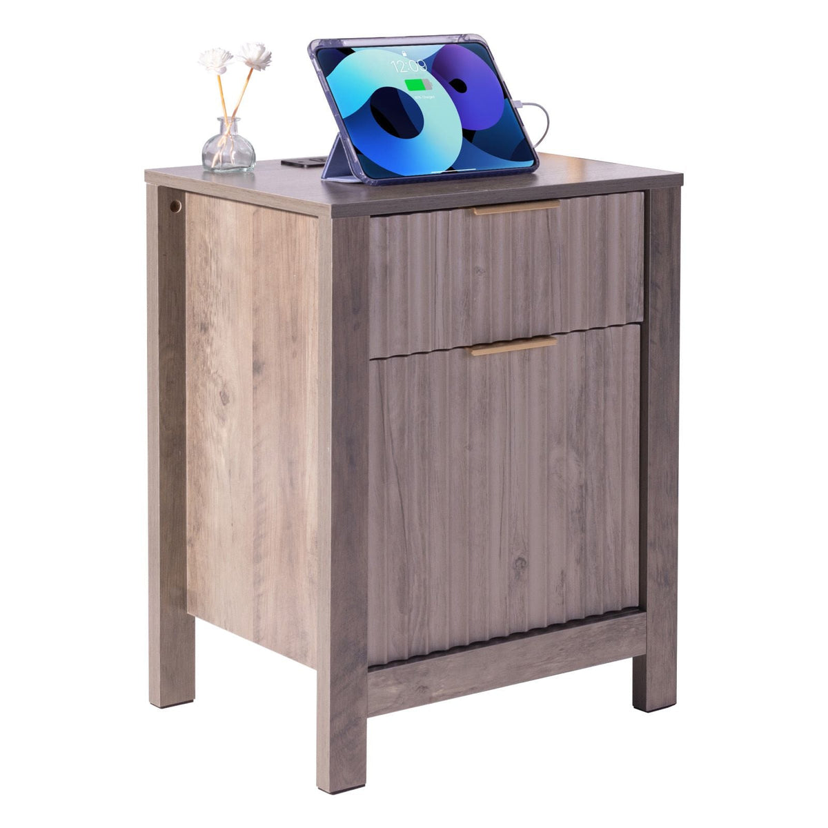 Farmhouse End Table Set of 2, Nightstand with Charging Station, 3 Tiers Side Table with Storage Cabinet and 2 Drawers, Side Table with USB Ports and Outlets, Ideal for Living Room, Bedroom, Gray