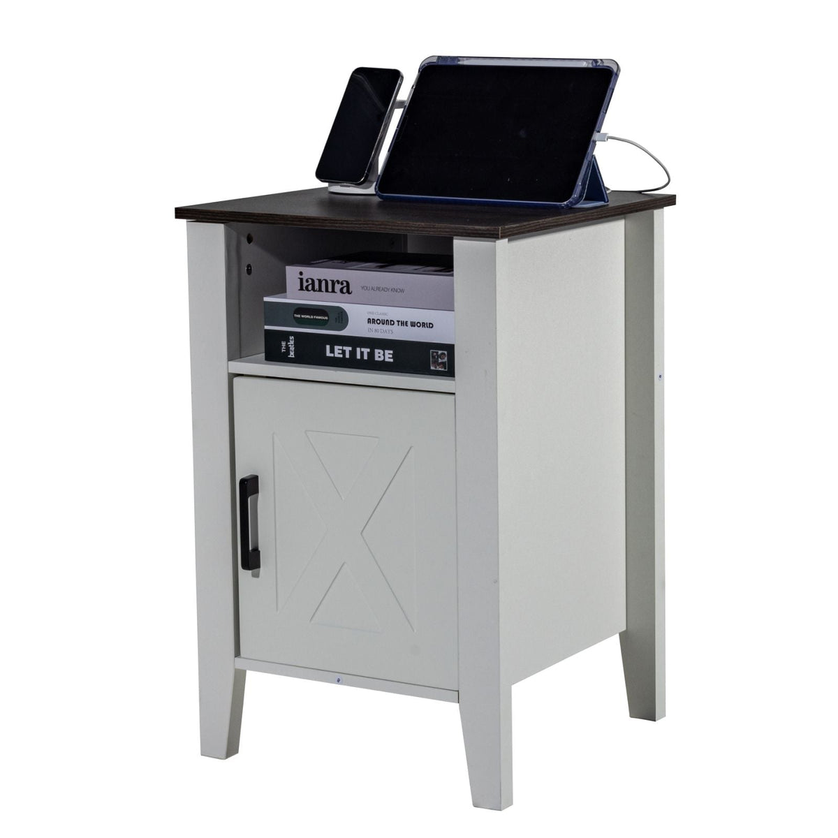 Farmhouse End Table Set of 2, Nightstand with Charging Station, 3 Tiers Side Table with Storage Cabinet, End Table with USB Ports and Outlets, Ideal for Living Room, Bedroom, Office, White