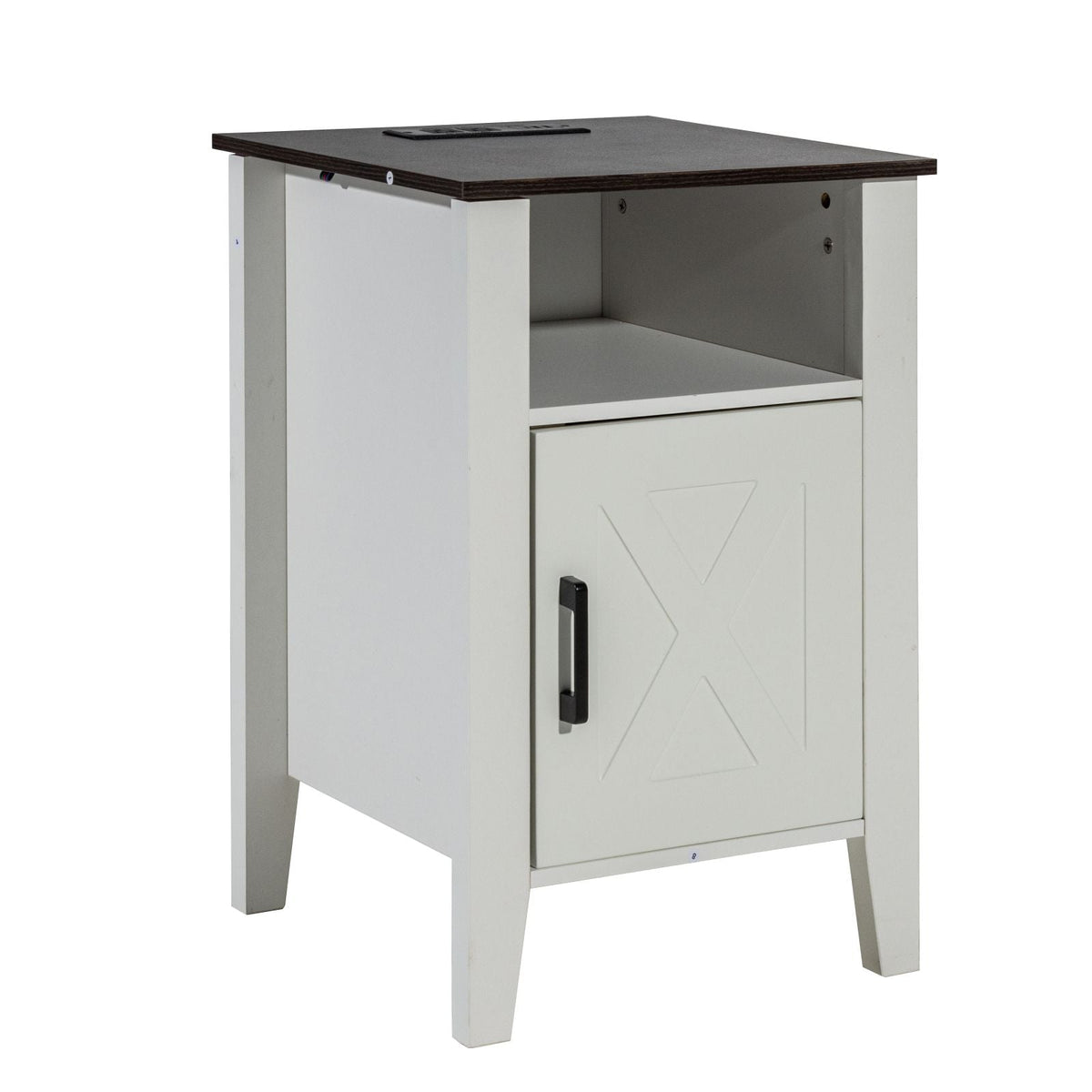 Farmhouse End Table Set of 2, Nightstand with Charging Station, 3 Tiers Side Table with Storage Cabinet, End Table with USB Ports and Outlets, Ideal for Living Room, Bedroom, Office, White