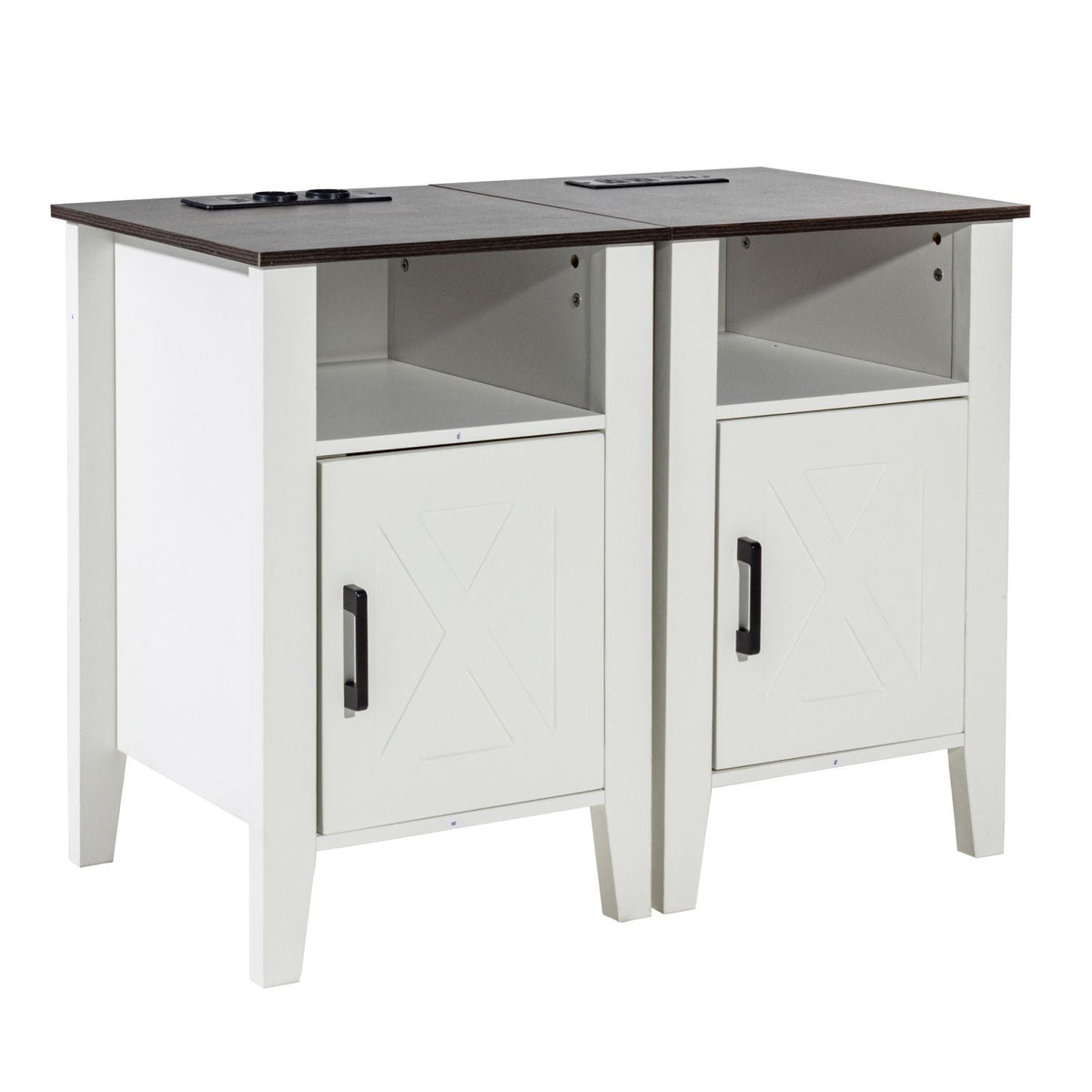 Farmhouse End Table Set of 2, Nightstand with Charging Station, 3 Tiers Side Table with Storage Cabinet, End Table with USB Ports and Outlets, Ideal for Living Room, Bedroom, Office, White