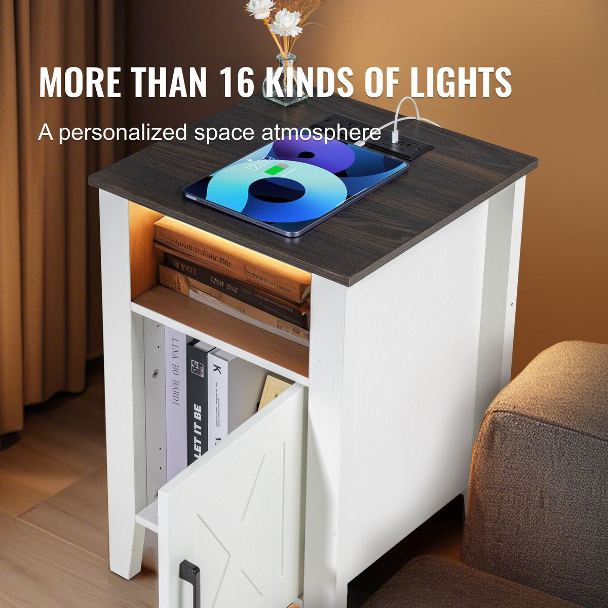 Farmhouse End Table Set of 2, Nightstand with Charging Station, 3 Tiers Side Table with Storage Cabinet, End Table with USB Ports and Outlets, Ideal for Living Room, Bedroom, Office, White