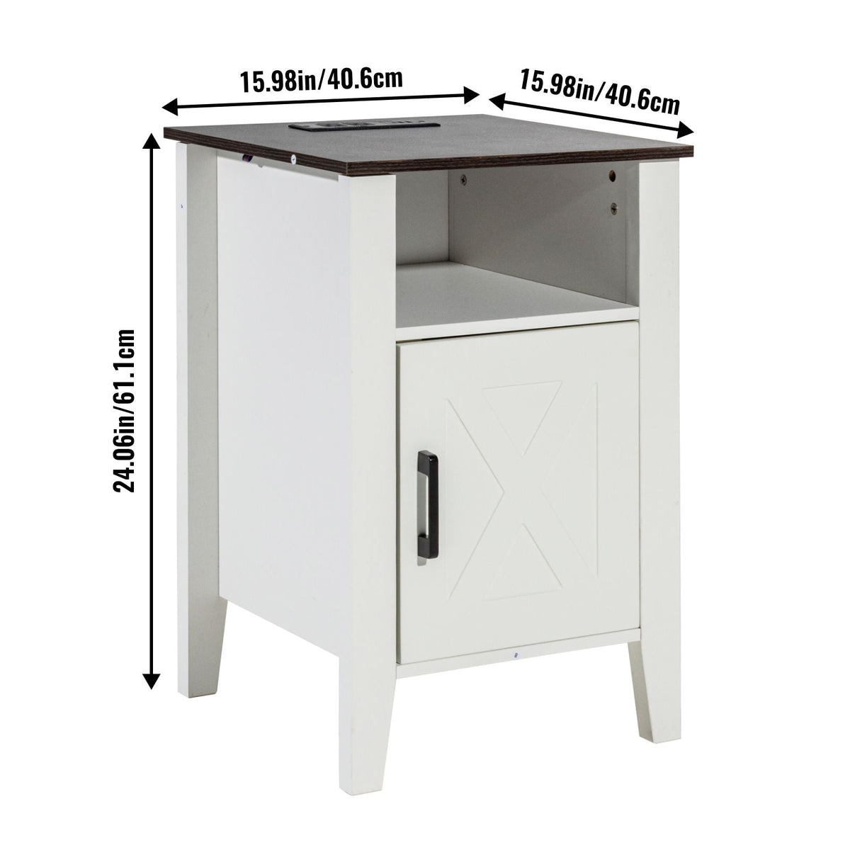 Farmhouse End Table Set of 2, Nightstand with Charging Station, 3 Tiers Side Table with Storage Cabinet, End Table with USB Ports and Outlets, Ideal for Living Room, Bedroom, Office, White
