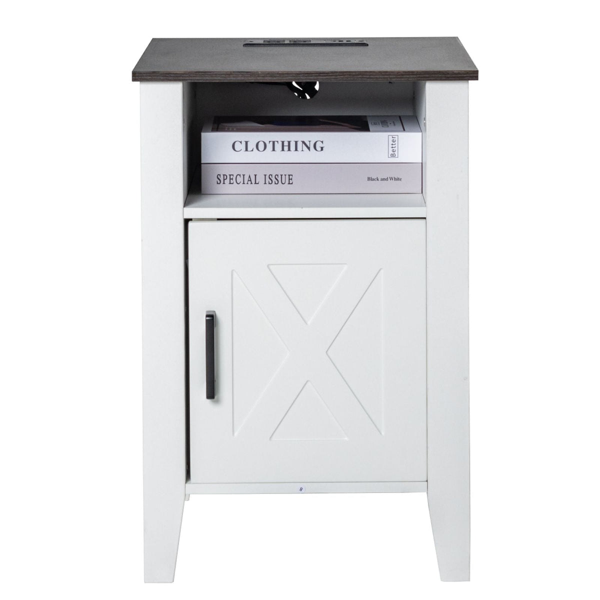 Farmhouse End Table Set of 2, Nightstand with Charging Station, 3 Tiers Side Table with Storage Cabinet, End Table with USB Ports and Outlets, Ideal for Living Room, Bedroom, Office, White
