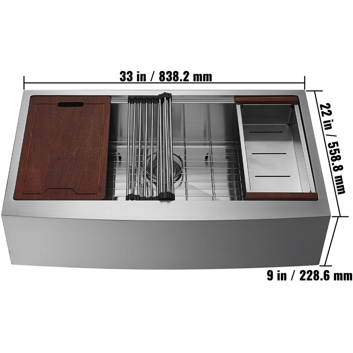 Farmhouse Kitchen Sink, 304 Stainless Steel Drop-In Sinks, Top Mount Single Bowl Basin with Ledge & Accessories, Household Dishwasher Sinks for Workstation, Prep Kitchen, and Bar Sink, 33 inch
