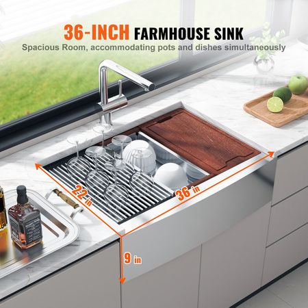 Farmhouse Kitchen Sink, 304 Stainless Steel Drop-In Sinks, Top Mount Single Bowl Basin with Ledge & Accessories, Household Dishwasher Sinks for Workstation, Prep Kitchen, and Bar Sink, 36 inch