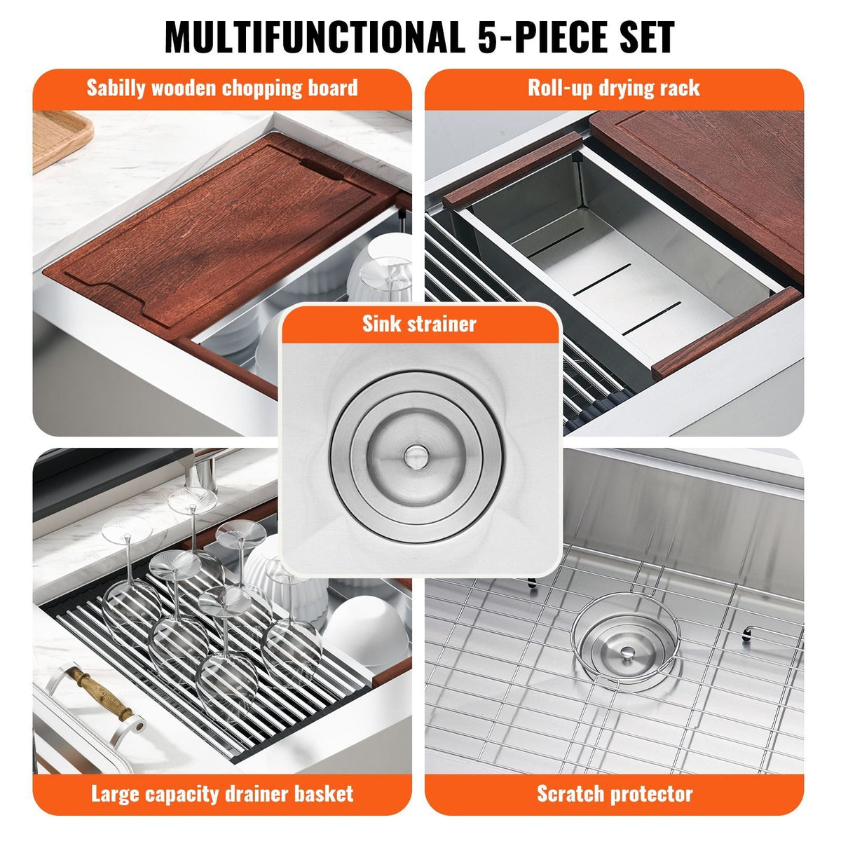 Farmhouse Kitchen Sink, 304 Stainless Steel Drop-In Sinks, Top Mount Single Bowl Basin with Ledge & Accessories, Household Dishwasher Sinks for Workstation, Prep Kitchen, and Bar Sink, 36 inch