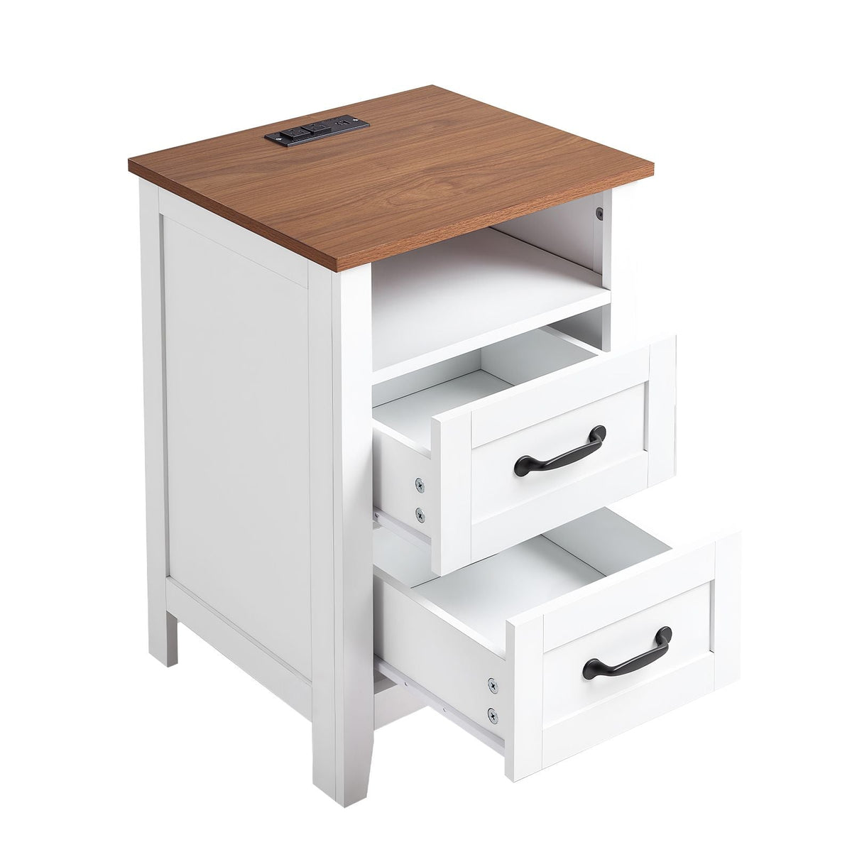 Farmhouse Nightstand, with Charging Station, End Table with 2 Drawers and Open Shelf, Bedside Storage Cabinet, Rustic Side Table with USB Port and AC Outlets, for Bedroom, Living Room, White