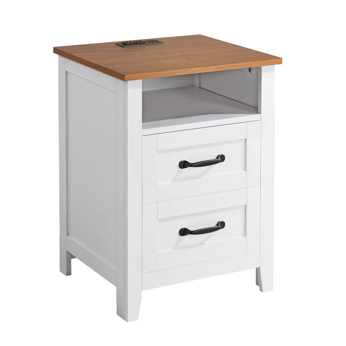 Farmhouse Nightstand, with Charging Station, End Table with 2 Drawers and Open Shelf, Bedside Storage Cabinet, Rustic Side Table with USB Port and AC Outlets, for Bedroom, Living Room, White
