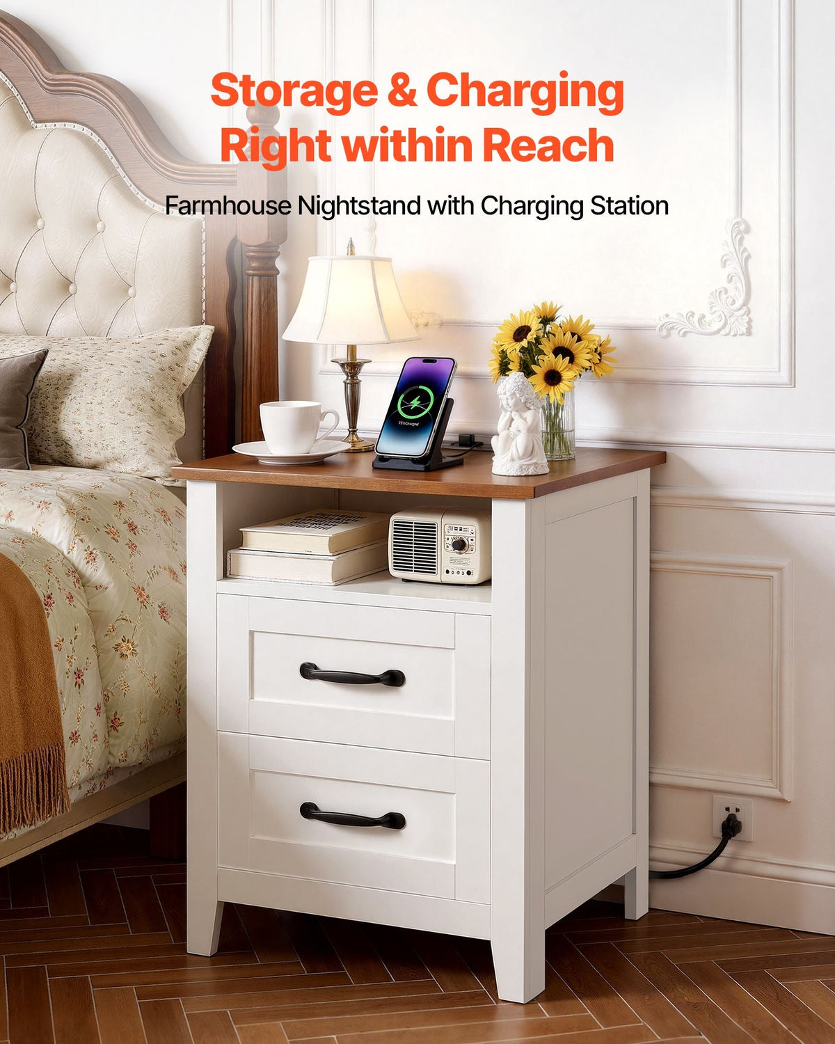Farmhouse Nightstand, with Charging Station, End Table with 2 Drawers and Open Shelf, Bedside Storage Cabinet, Rustic Side Table with USB Port and AC Outlets, for Bedroom, Living Room, White