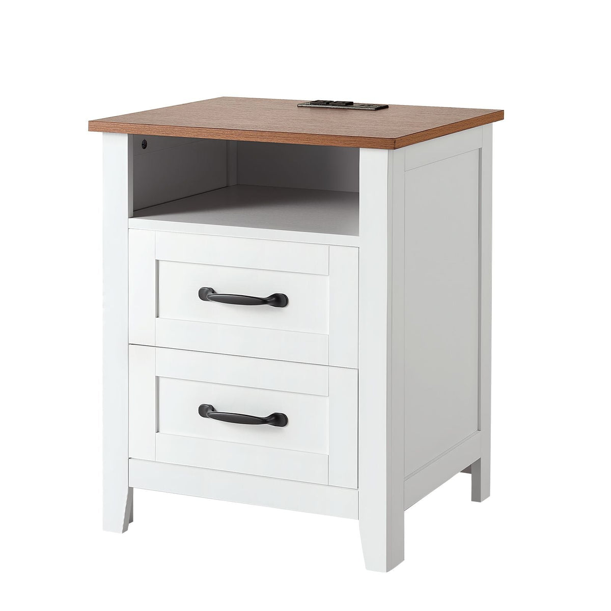 Farmhouse Nightstand, with Charging Station, End Table with 2 Drawers and Open Shelf, Bedside Storage Cabinet, Rustic Side Table with USB Port and AC Outlets, for Bedroom, Living Room, White