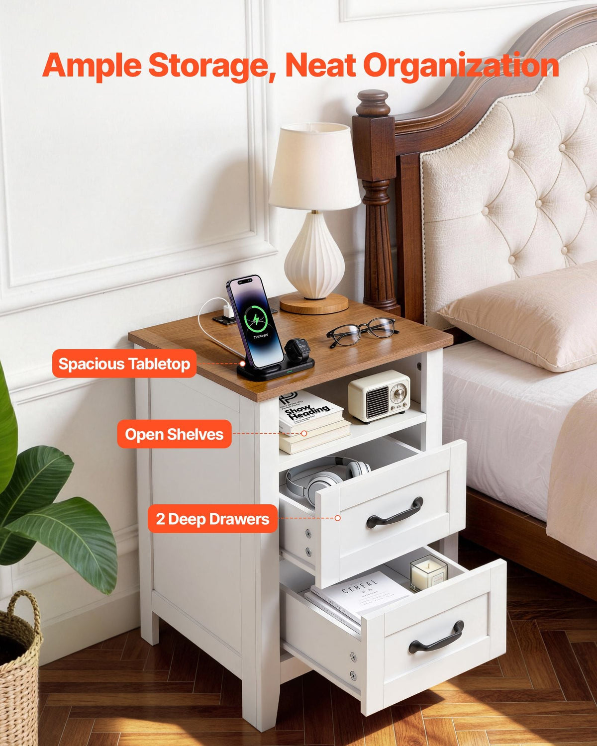 Farmhouse Nightstands, with Charging Station, Set of 2, End Tables with 2 Drawers and Open Shelf, Bedside Storage Cabinets, Rustic Side Tables with USB Port, for Bedroom, Living Room, White