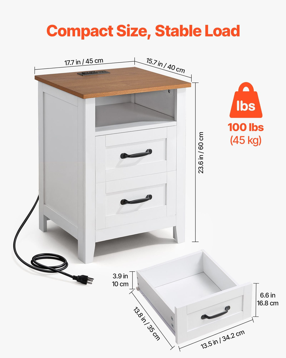 Farmhouse Nightstands, with Charging Station, Set of 2, End Tables with 2 Drawers and Open Shelf, Bedside Storage Cabinets, Rustic Side Tables with USB Port, for Bedroom, Living Room, White