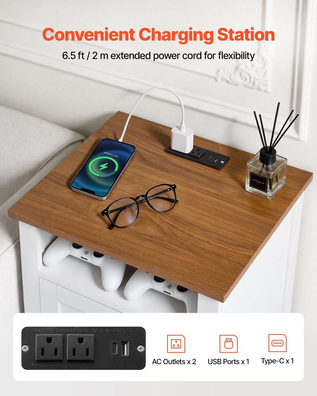 Farmhouse Nightstands, with Charging Station, Set of 2, End Tables with 2 Drawers and Open Shelf, Bedside Storage Cabinets, Rustic Side Tables with USB Port, for Bedroom, Living Room, White