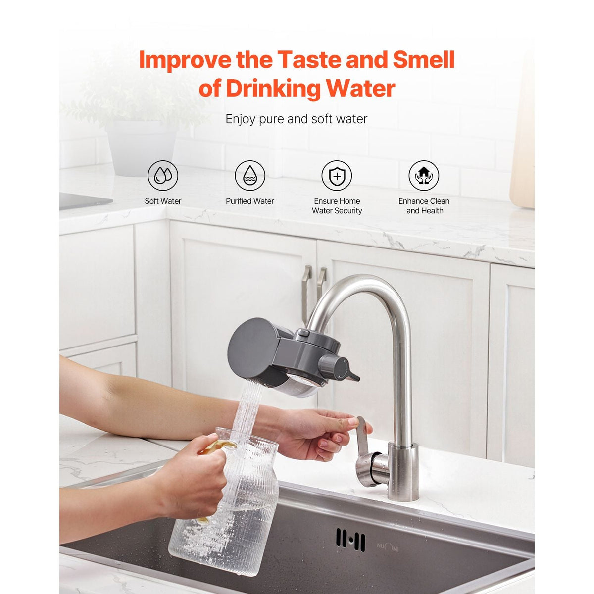 Faucet Mount Water Filter, Horizontal Water Purifier for Sink Tap, Carbon Fiber Filter, Removes Chlorine Lead with 3 Filters, Fits Most Kitchen or Bathroom Faucets, Gray