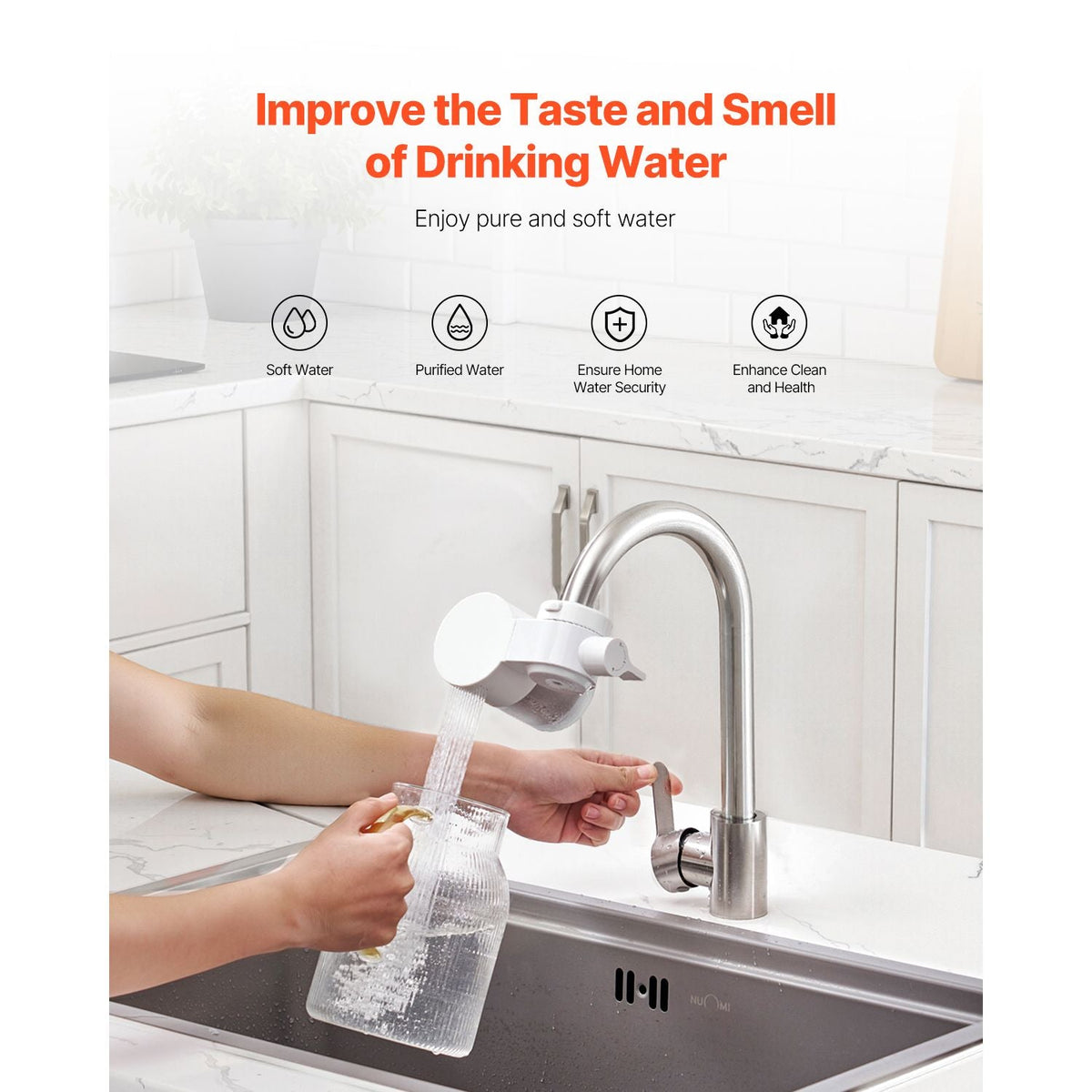 Faucet Mount Water Filter, Horizontal Water Purifier for Sink Tap, Carbon Fiber Filter, Removes Chlorine Lead with 3 Filters, Fits Most Kitchen or Bathroom Faucets, White