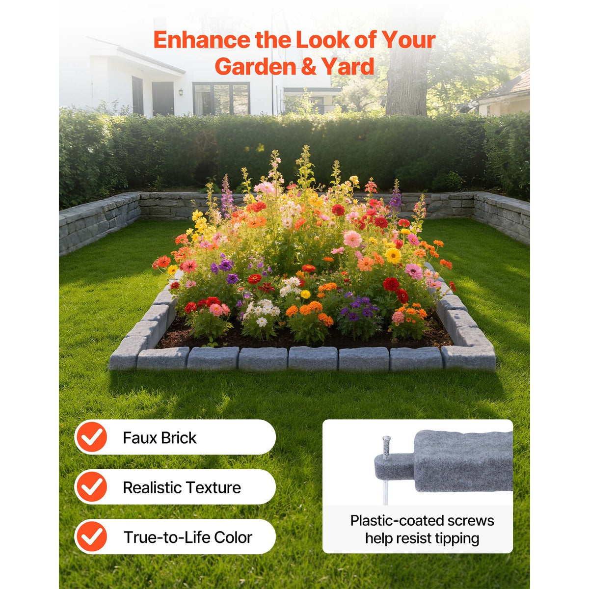 Faux Stone Landscape Edging, 15.5 ft Kit, No Dig Garden Edging Border, Blocks for Lawn, Flower Beds, Yard, 4 Pack Each Section Has 6 Bricks 46.46"L x 3.74"W x 2.24"H, 16 Spikes & 4 Corners, Gray