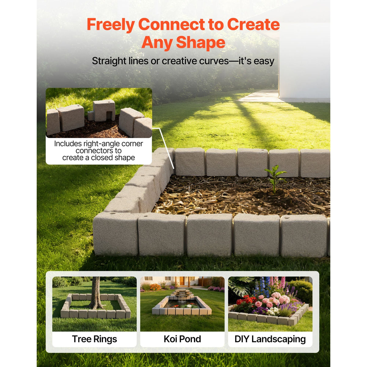 Faux Stone Landscape Edging, 15.5 ft Kit, No Dig Garden Edging Border, Blocks for Lawn, Flower Beds, Yard, 4 Pack Each Section Has 6 Bricks 46.85"L x 3.94"W x 6.1"H, 12 Spikes & 4 Corners, Beige
