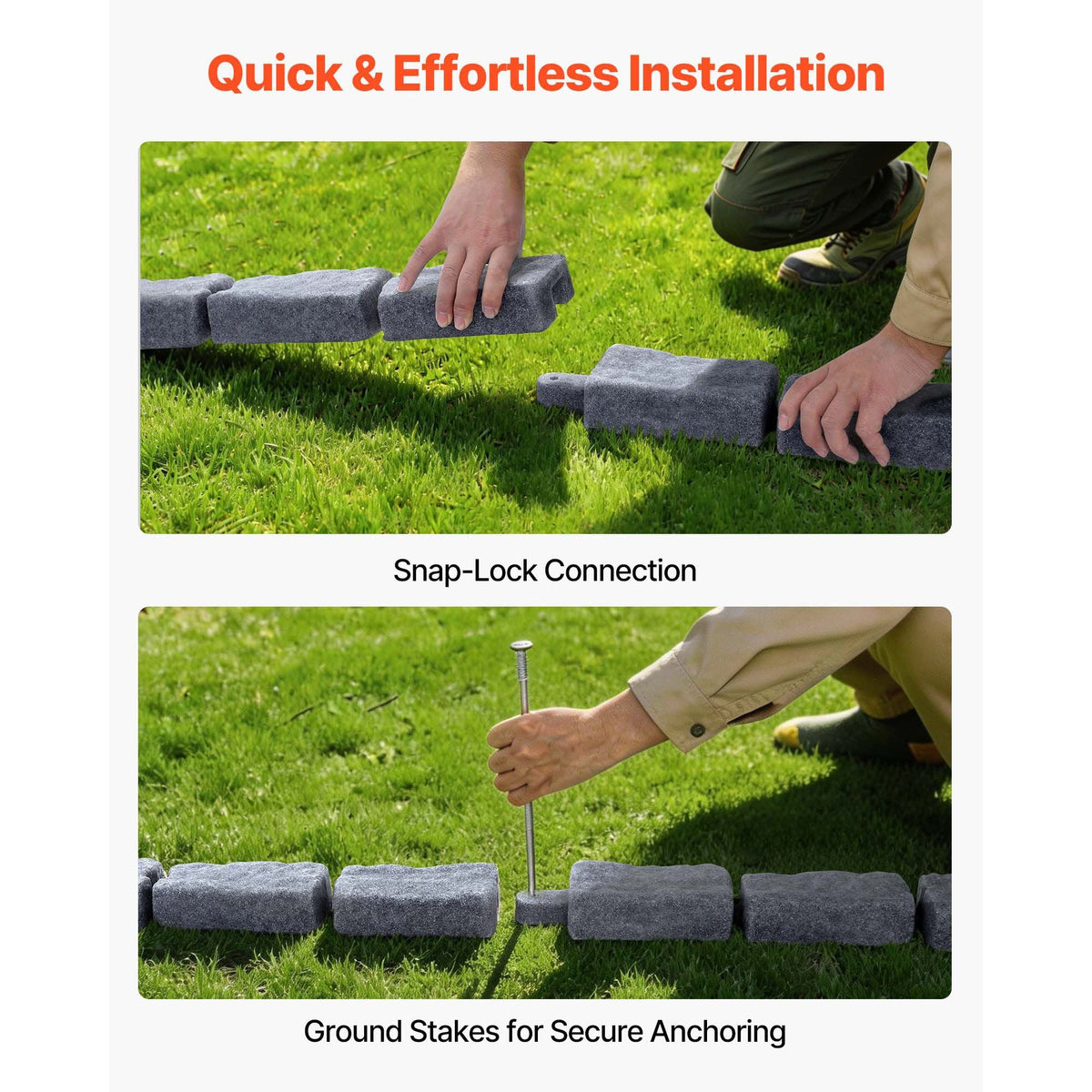 Faux Stone Landscape Edging, 15.5 ft Kit, No Dig Garden Edging Border, Blocks for Lawn, Flower Beds, Yards, 4 Pack Each Section Has 6 Bricks 46.46"L x 3.74"W x 2.24"H, 12 Spikes & End Cap, Gray