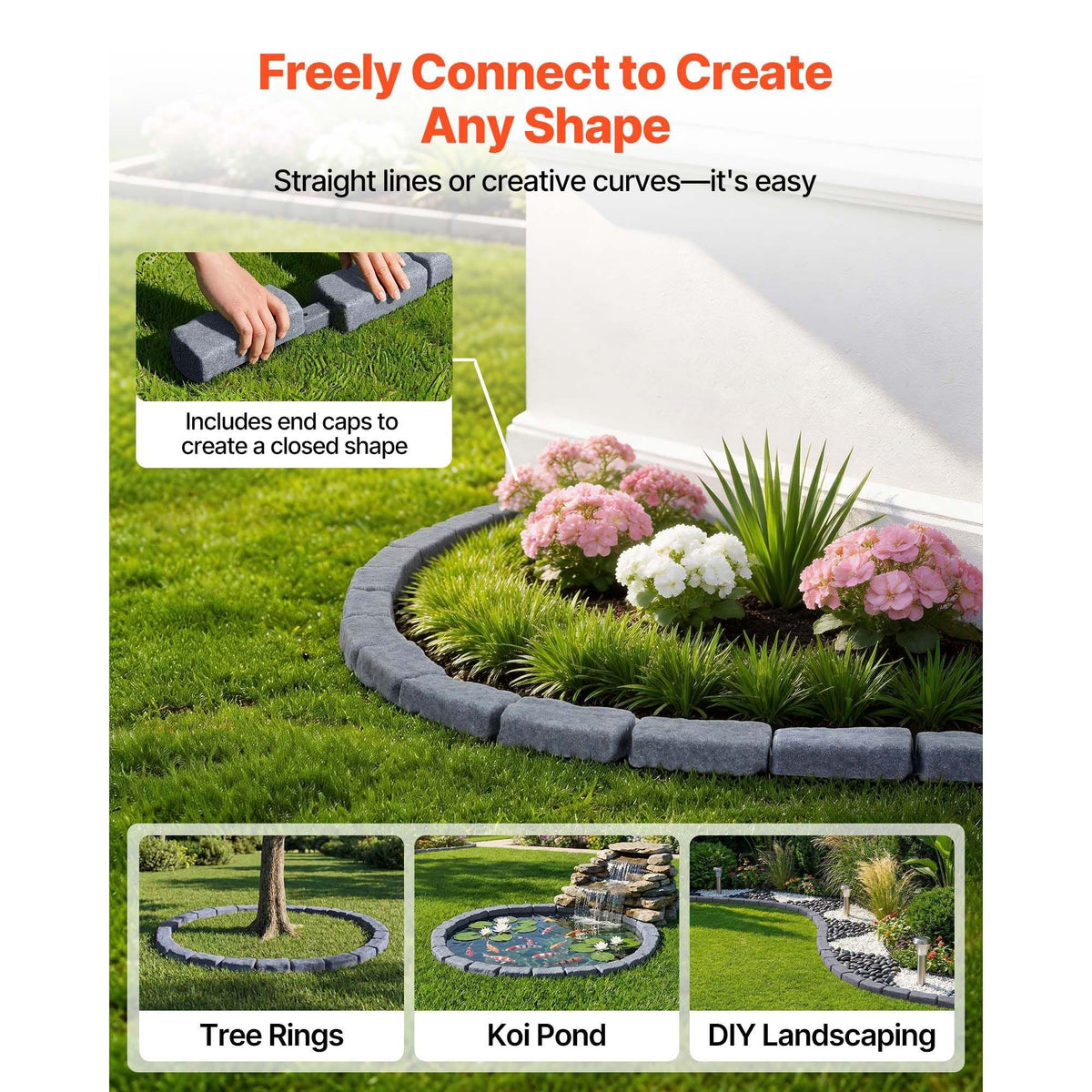 Faux Stone Landscape Edging, 15.5 ft Kit, No Dig Garden Edging Border, Blocks for Lawn, Flower Beds, Yards, 4 Pack Each Section Has 6 Bricks 46.46"L x 3.74"W x 2.24"H, 12 Spikes & End Cap, Gray