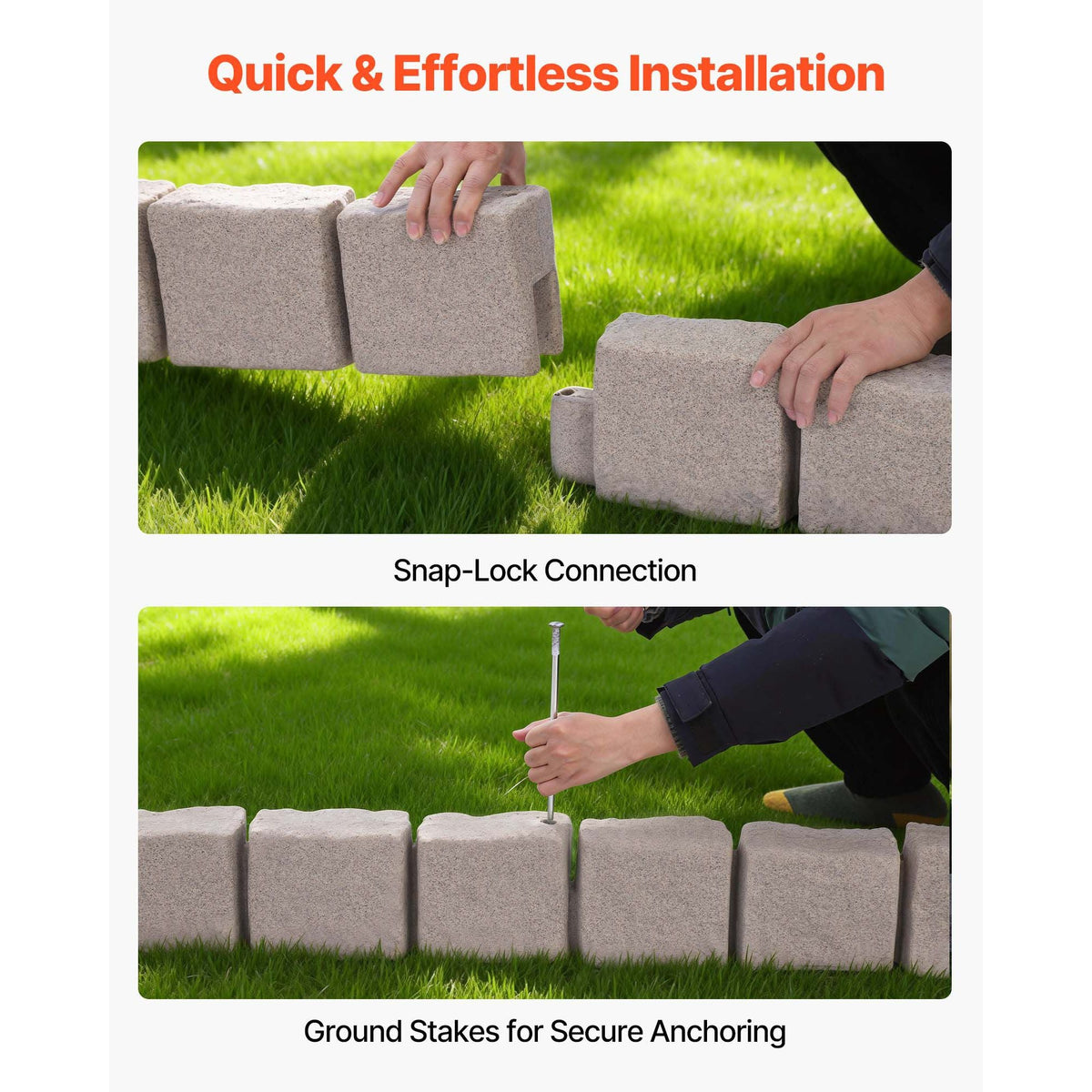 Faux Stone Landscape Edging, 15.5 ft Kit, No Dig Garden Edging Border, Blocks for Lawn, Flower Beds, Yards, 4 Pack Each Section Has 6 Bricks 46.85"L x 3.94"W x 6.1"H, 9 Spikes & End Cap, Beige