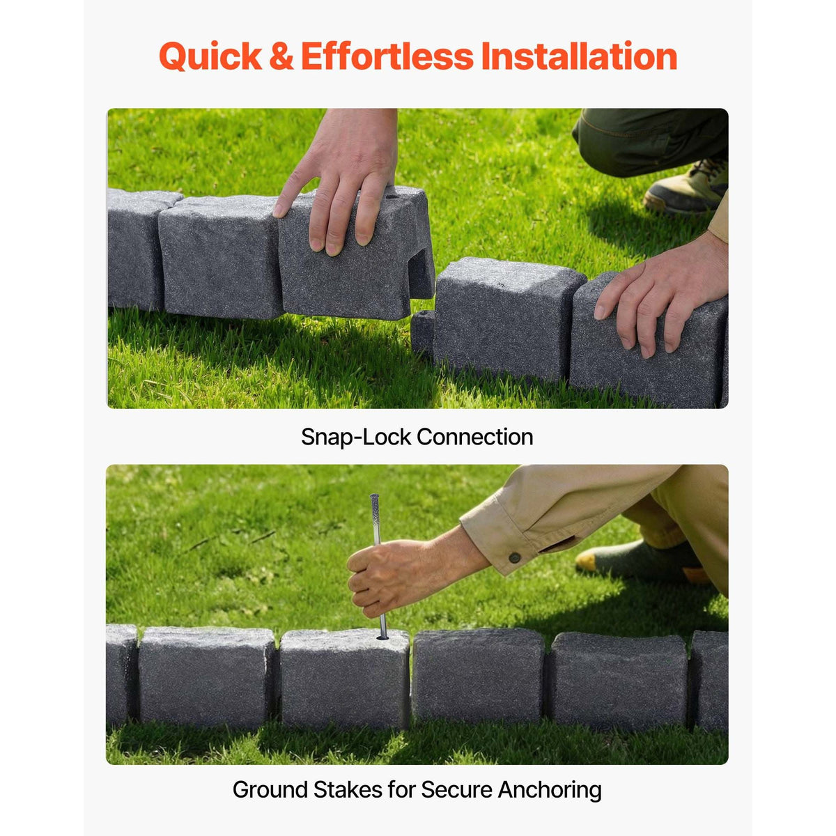 Faux Stone Landscape Edging, 46.85" Kit, No Dig Garden Edging Border, Blocks for Lawn, Flower Beds, Yards, 1 Pack Each Section Has 6 Bricks 46.85"L x 3.94"W x 6.1"H, 3 Spikes, Sandstone Gray