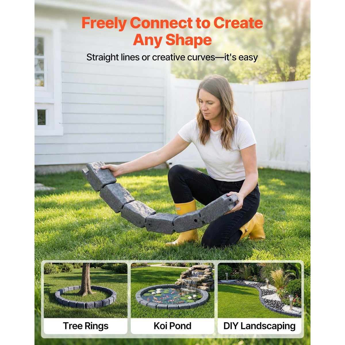 Faux Stone Landscape Edging, 46.85" Kit, No Dig Garden Edging Border, Blocks for Lawn, Flower Beds, Yards, 1 Pack Each Section Has 6 Bricks 46.85"L x 3.94"W x 6.1"H, 3 Spikes, Sandstone Gray