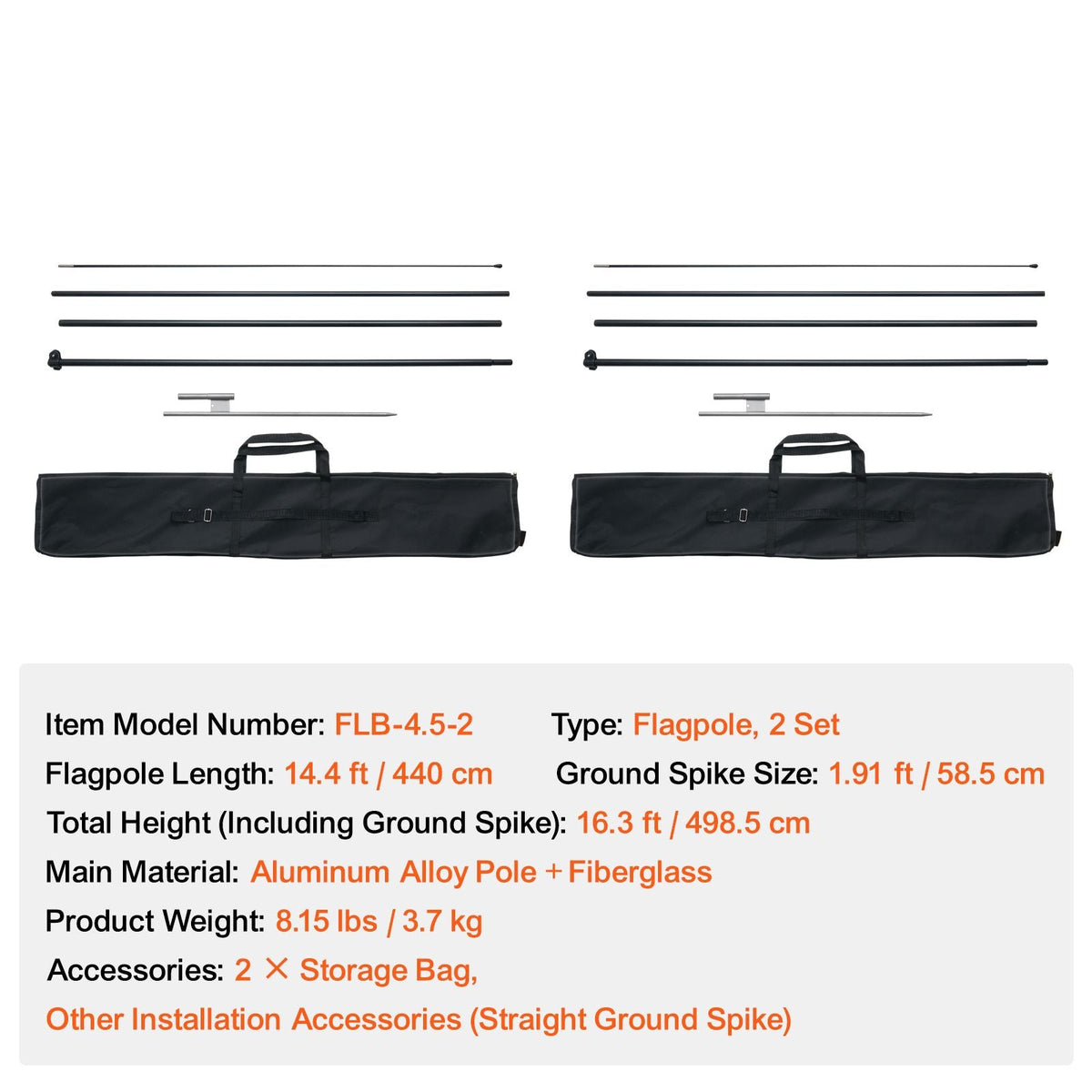 Feather Flag Pole Kit, 2 Packs Swooper Flag Pole 16.3 ft, Sign Flag Poles for Business Advertising Flags Outdoor, with Ground Stakes and A Carrying Bag (Flag Not Included)