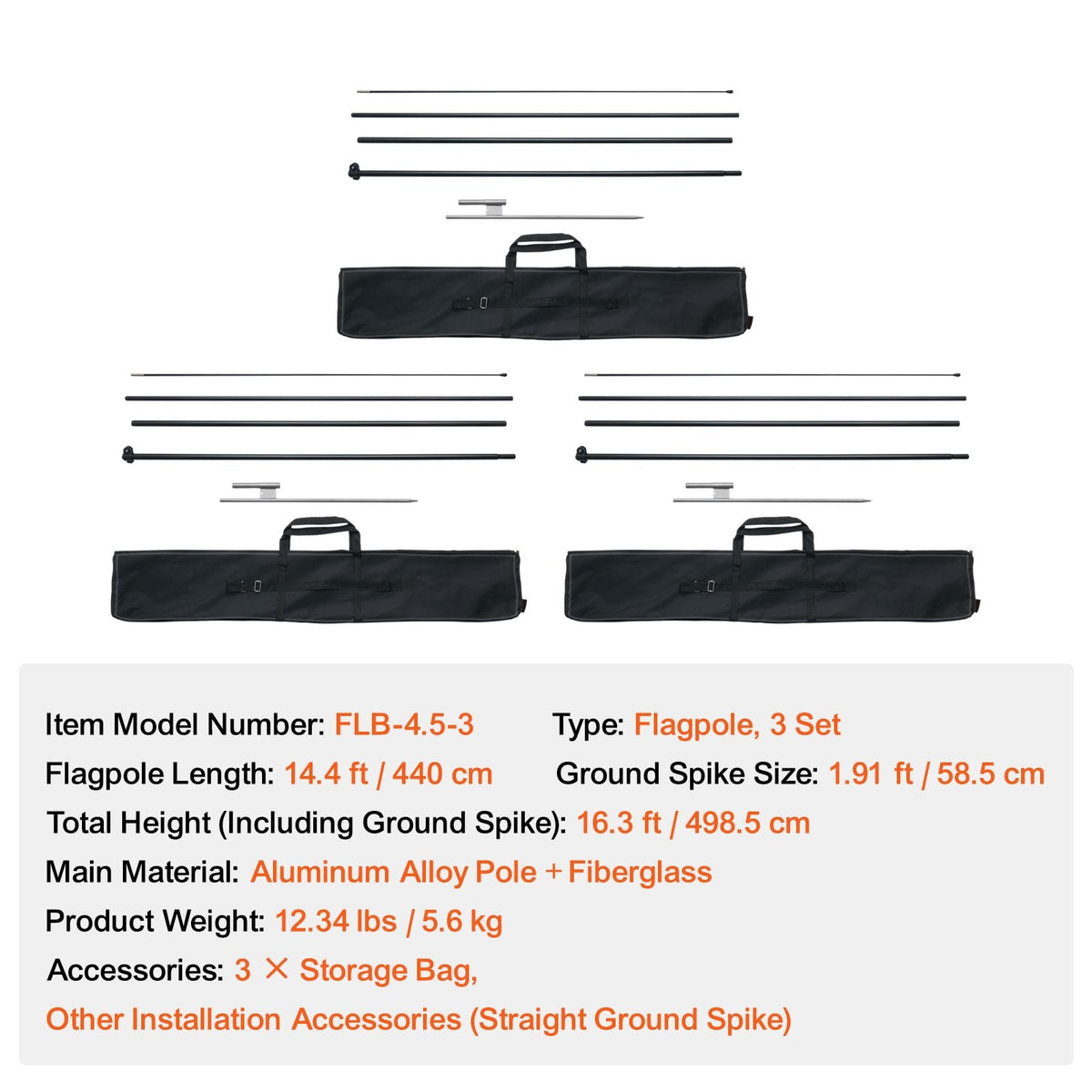 Feather Flag Pole Kit, 3 Packs Swooper Flag Pole 16.3 ft, Sign Flag Poles for Business Advertising Flags Outdoor, with Ground Stakes and A Carrying Bag (Flag Not Included)