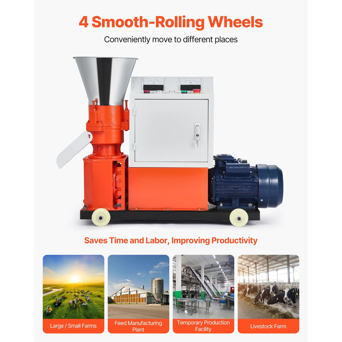 Feed Pellet Mill Machine, 4 mm Animal Feed Pellet Making Machine, 3KW 240V Animal Food Granulator Mill Machines with 3 Pressure Rollers & 4 Wheels, Ideal for Poultry, Livestock, Farm Animals