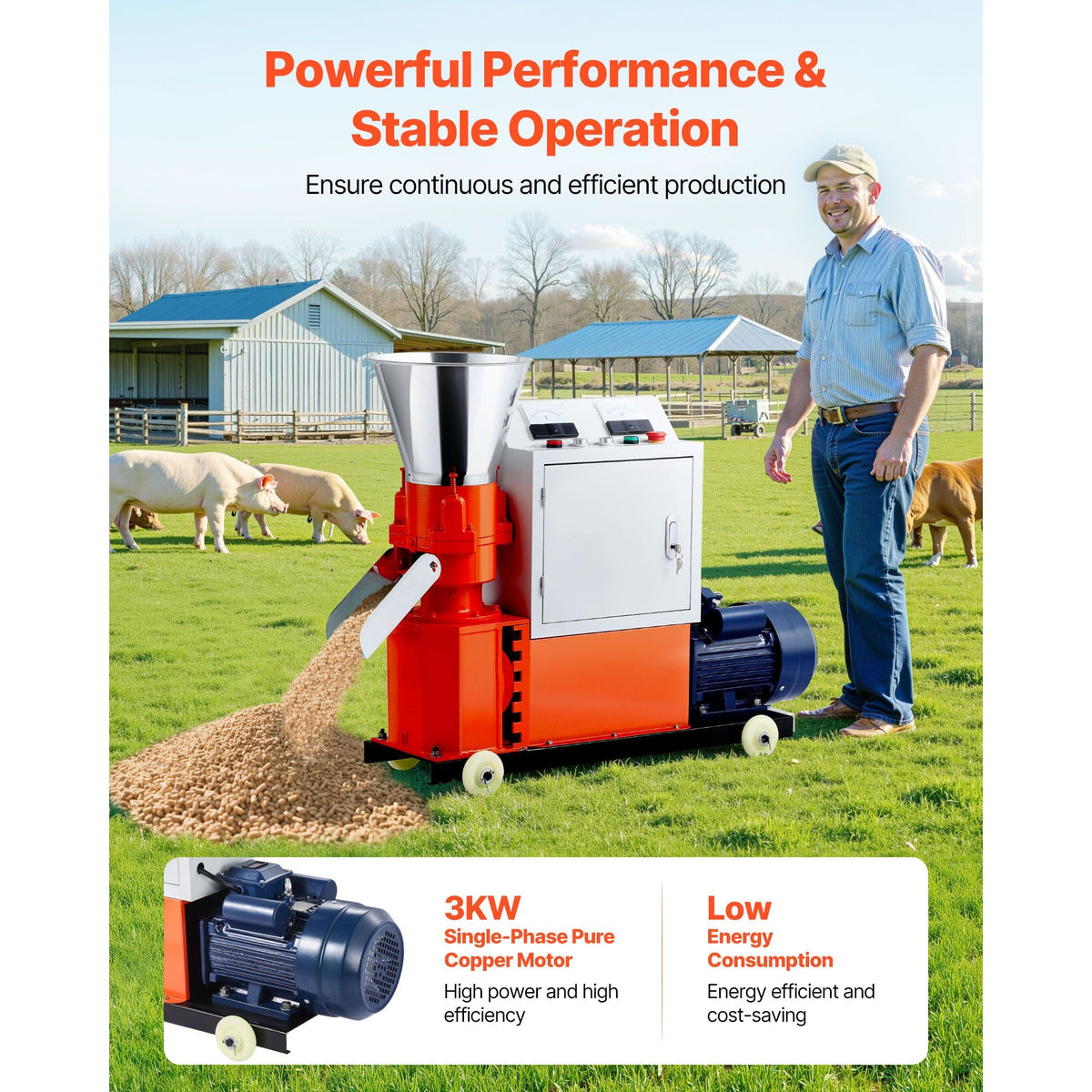 Feed Pellet Mill Machine, 5 mm Animal Feed Pellet Making Machine, 3KW 240V Animal Food Granulator Mill Machines with 3 Pressure Rollers & 4 Wheels, Ideal for Poultry, Livestock, Farm Animals