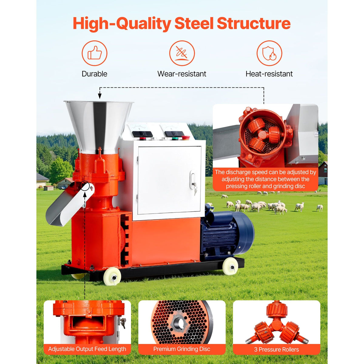 Feed Pellet Mill Machine, 5 mm Animal Feed Pellet Making Machine, 3KW 240V Animal Food Granulator Mill Machines with 3 Pressure Rollers & 4 Wheels, Ideal for Poultry, Livestock, Farm Animals