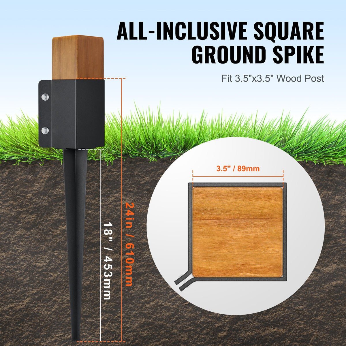 Fence Post Anchor Ground Spike, 4 Pack 24 x 4 x 4 Inches Outer Diameter (Inner Diameter 3.5 x3.5 Inches), Metal Black Powder Coated Post Stake Ground, for Mailbox Deck Garden Railing