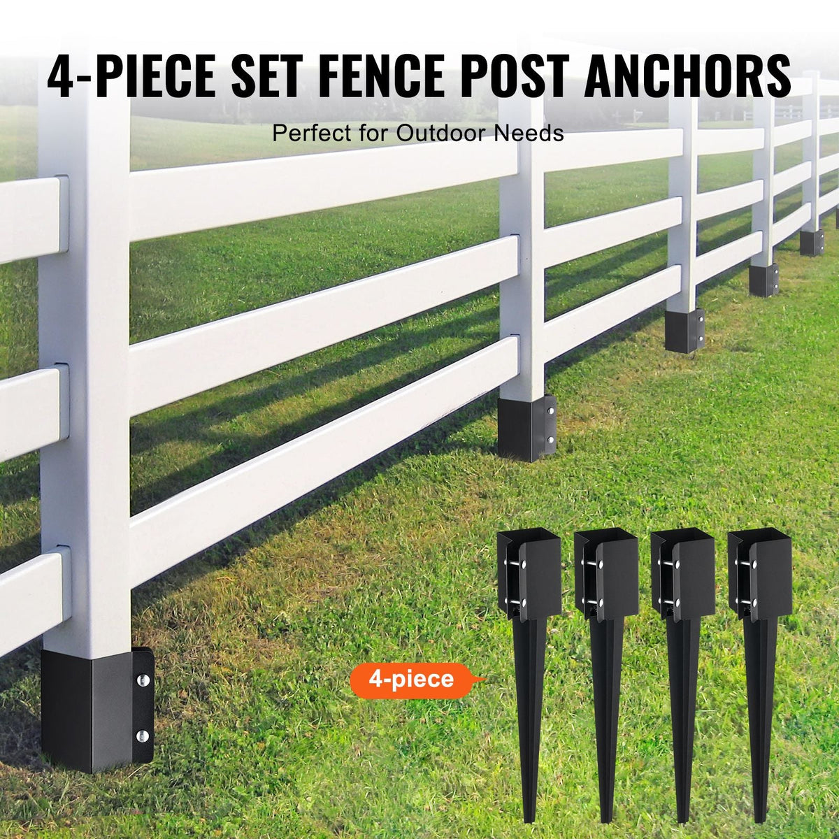 Fence Post Anchor Ground Spike, 4 Pack 24 x 4 x 4 Inches Outer Diameter (Inner Diameter 3.5 x3.5 Inches), Metal Black Powder Coated Post Stake Ground, for Mailbox Deck Garden Railing