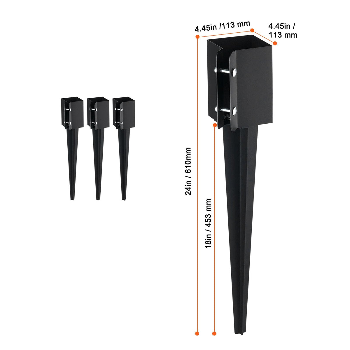 Fence Post Anchor Ground Spike, 4 Pack 24 x 4 x 4 Inches Outer Diameter (Inner Diameter 3.5 x3.5 Inches), Metal Black Powder Coated Post Stake Ground, for Mailbox Deck Garden Railing