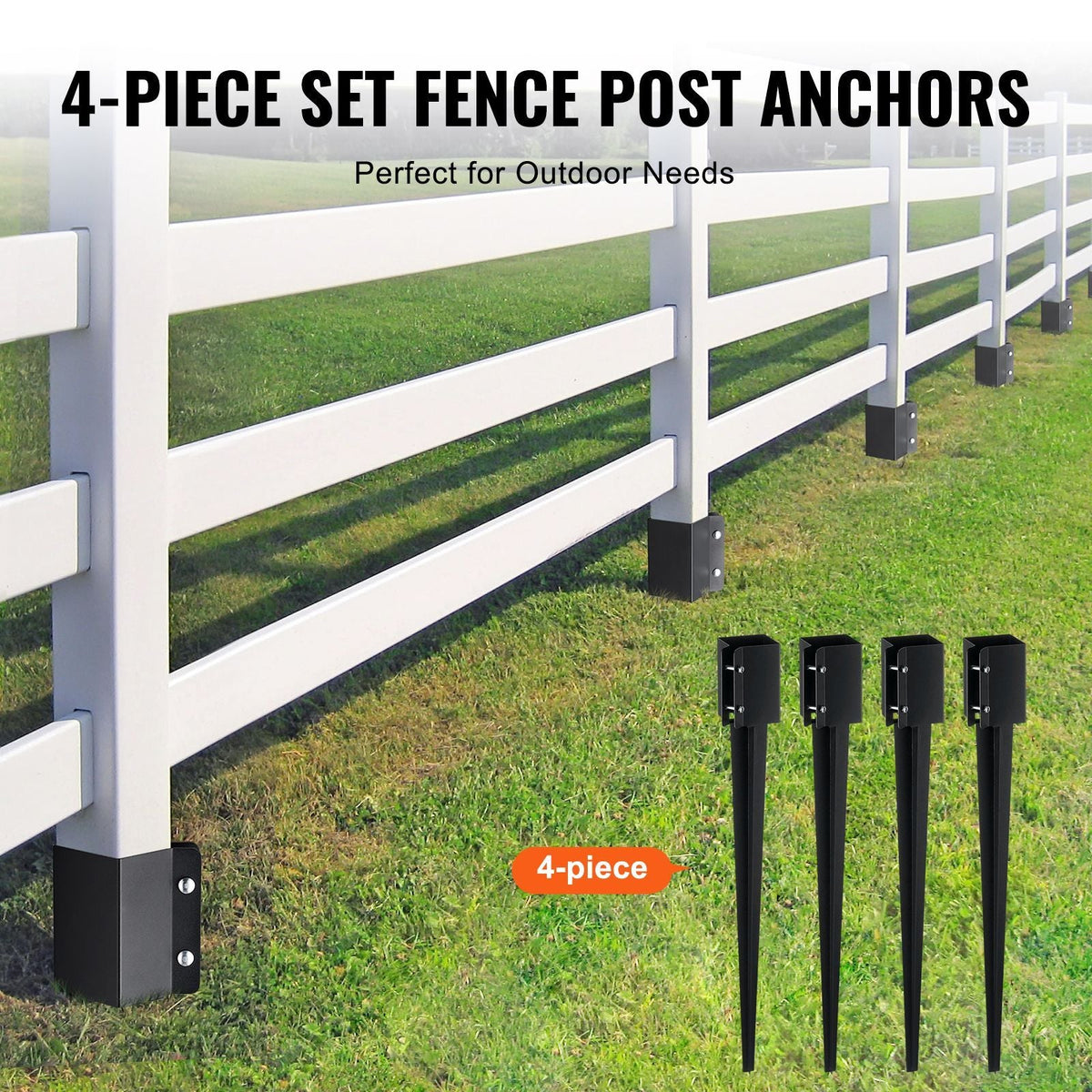Fence Post Anchor Ground Spike, 4 Pack 36 x 4 x 4 Inches Outer Diameter (Inner Diameter 3.5 x3.5 Inches), Metal Black Powder Coated Post Stake Ground, for Mailbox Deck Garden Railing