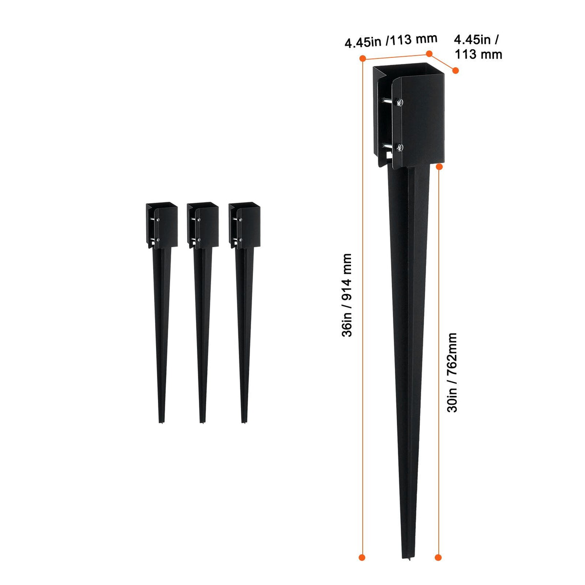 Fence Post Anchor Ground Spike, 4 Pack 36 x 4 x 4 Inches Outer Diameter (Inner Diameter 3.5 x3.5 Inches), Metal Black Powder Coated Post Stake Ground, for Mailbox Deck Garden Railing