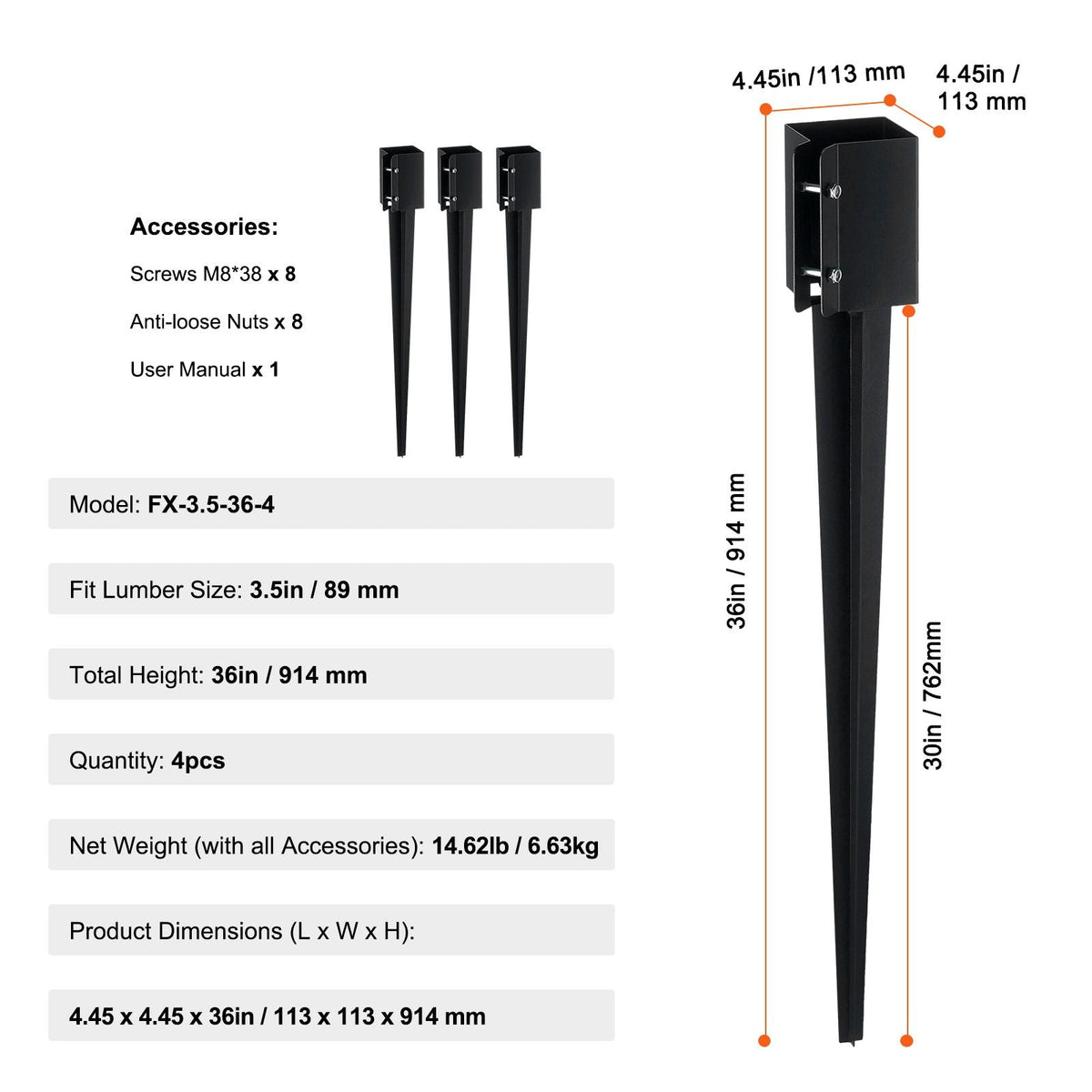 Fence Post Anchor Ground Spike, 4 Pack 36 x 4 x 4 Inches Outer Diameter (Inner Diameter 3.5 x3.5 Inches), Metal Black Powder Coated Post Stake Ground, for Mailbox Deck Garden Railing