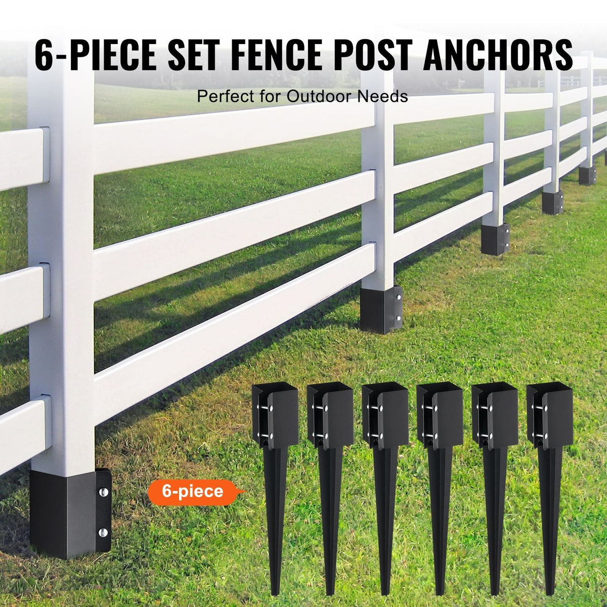 Fence Post Anchor Ground Spike, 6 Pack 24 x 4 x 4 Inches Outer Diameter (Inner Diameter 3.5 x3.5 Inches), Metal Black Powder Coated Post Stake Ground, for Mailbox Deck Garden Railing