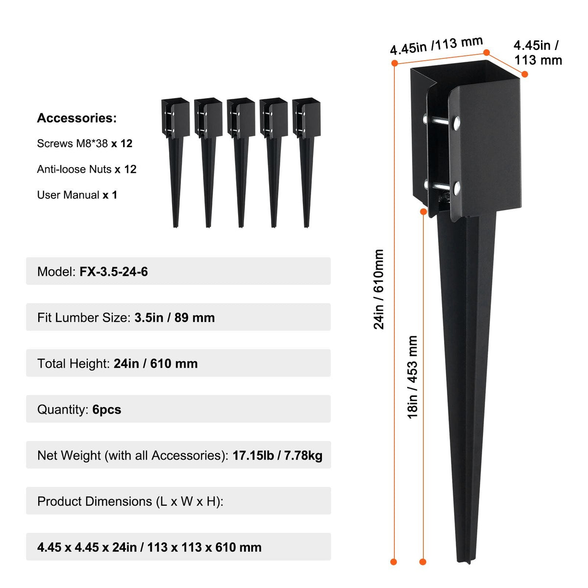 Fence Post Anchor Ground Spike, 6 Pack 24 x 4 x 4 Inches Outer Diameter (Inner Diameter 3.5 x3.5 Inches), Metal Black Powder Coated Post Stake Ground, for Mailbox Deck Garden Railing