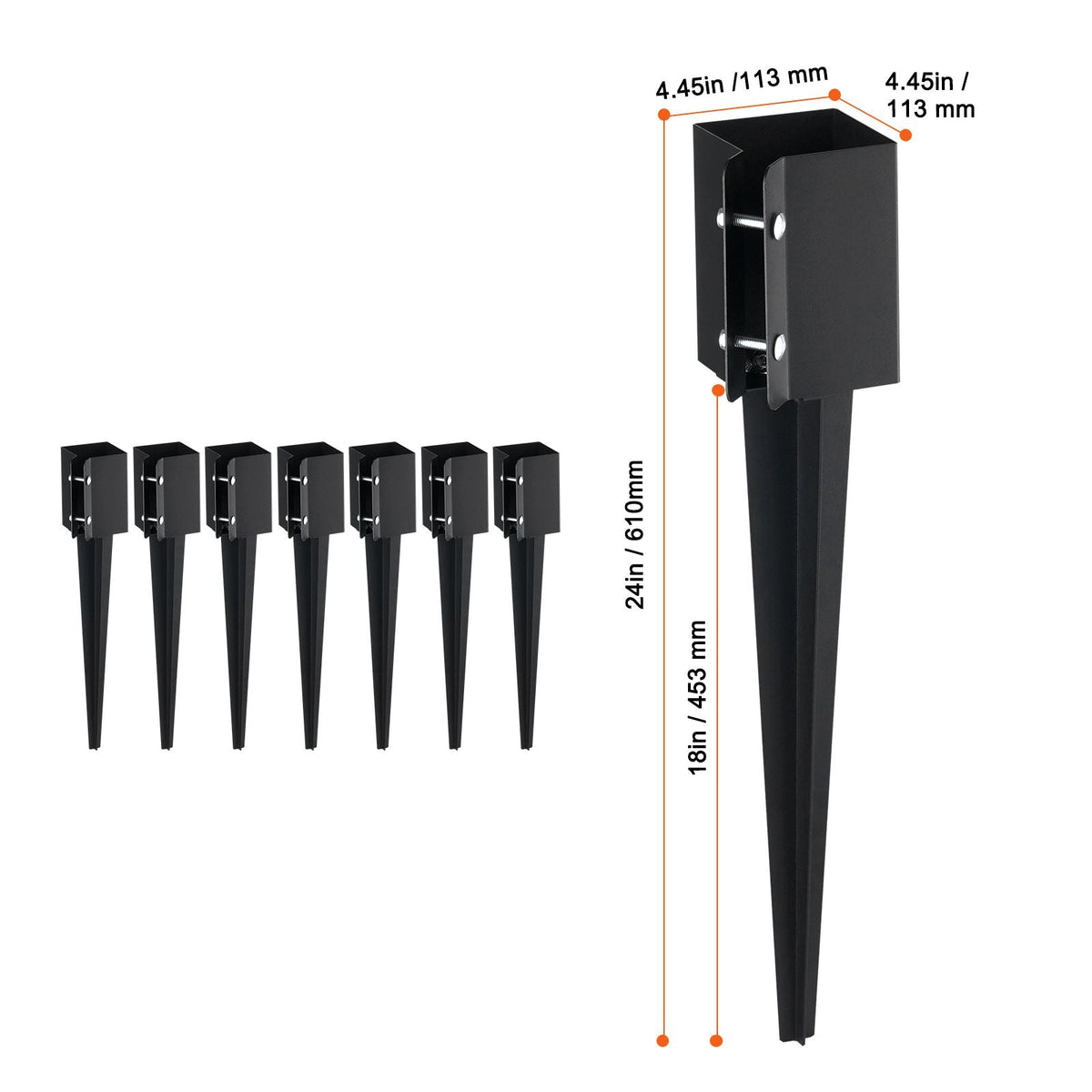Fence Post Anchor Ground Spike, 8 Pack 24 x 4 x 4 Inches Outer Diameter (Inner Diameter 3.5 x3.5 Inches), Metal Black Powder Coated Post Stake Ground, for Mailbox Deck Garden Railing