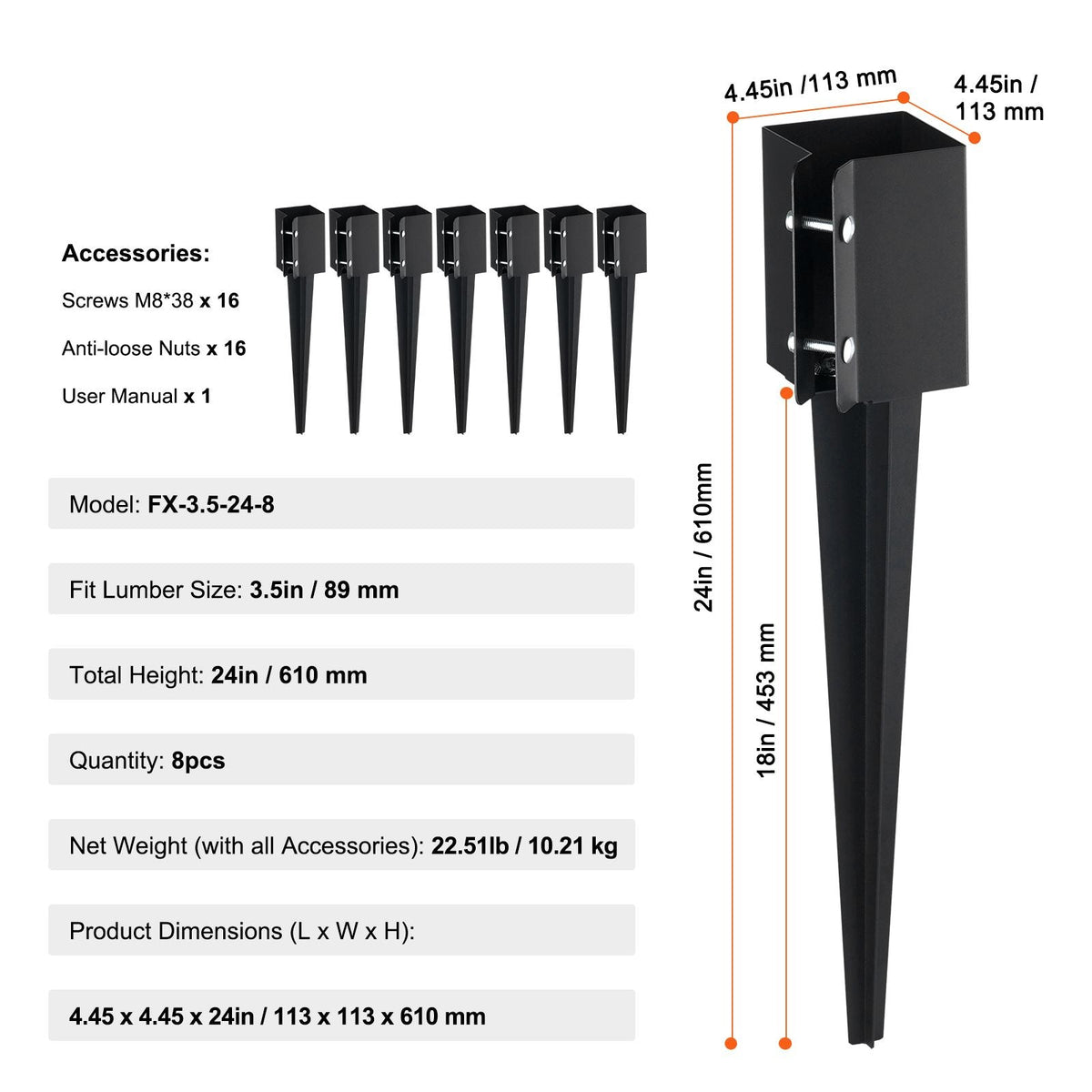 Fence Post Anchor Ground Spike, 8 Pack 24 x 4 x 4 Inches Outer Diameter (Inner Diameter 3.5 x3.5 Inches), Metal Black Powder Coated Post Stake Ground, for Mailbox Deck Garden Railing