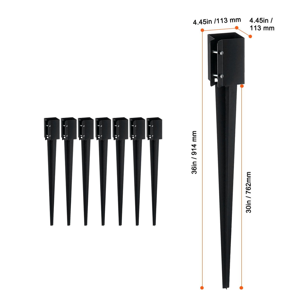 Fence Post Anchor Ground Spike, 8 Pack 36 x 4 x 4 Inches Outer Diameter (Inner Diameter 3.5 x3.5 Inches), Metal Black Powder Coated Post Stake Ground, for Mailbox Deck Garden Railing