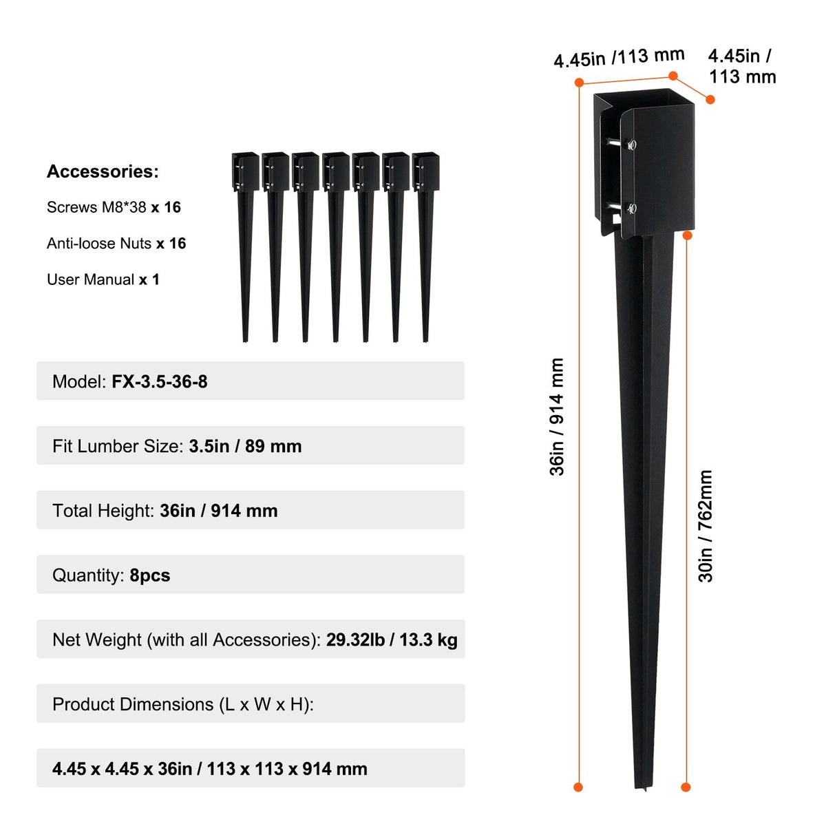 Fence Post Anchor Ground Spike, 8 Pack 36 x 4 x 4 Inches Outer Diameter (Inner Diameter 3.5 x3.5 Inches), Metal Black Powder Coated Post Stake Ground, for Mailbox Deck Garden Railing