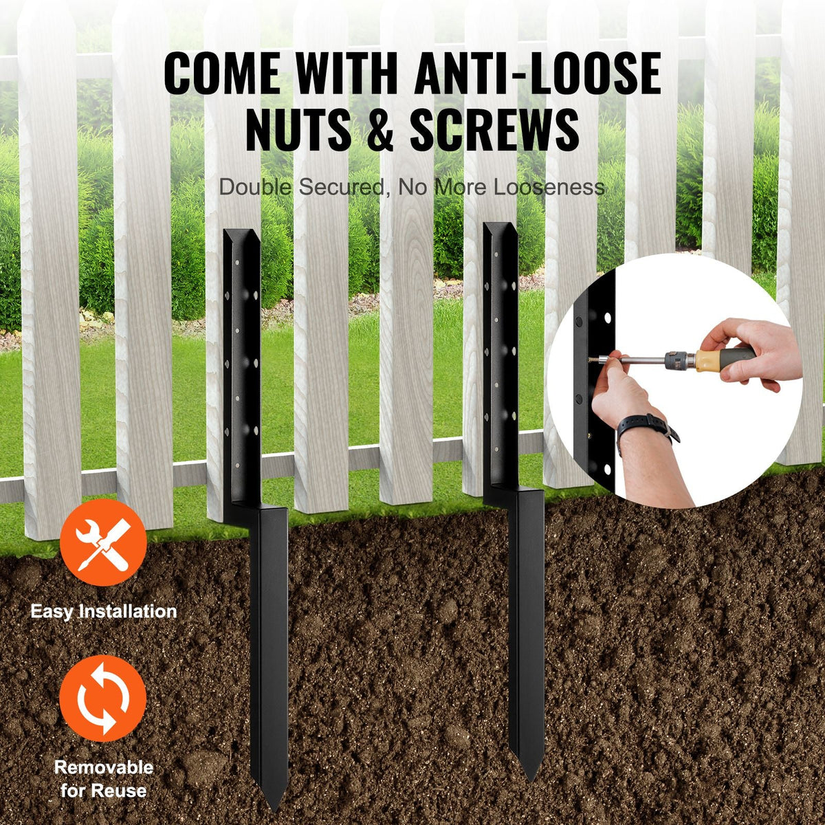 Fence Post Anchor Repair Kit, 4 Pack Inner Diameter 2 x2 Inches Heavy Duty Steel Fence Post Support Stakes, Anchor Ground Spike for Repair Tilted, Broken Wood Fence Post